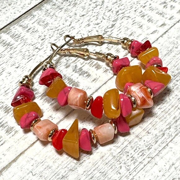 Beaded Hoop Earrings With Multicolor Stones Gold Accents - Picture 2 of 4